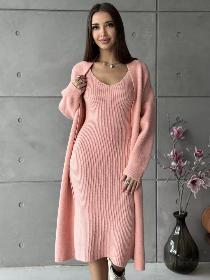 Knit dress for women with a fine ribbed texture and an elegant V-neck Lune London