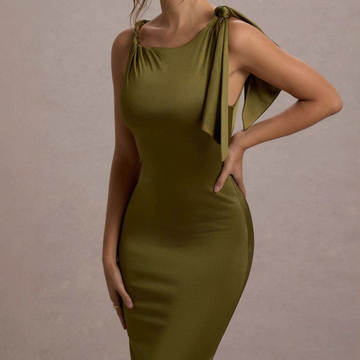 Ladies Elegant Maxi Dress with Asymmetric Strap and Fitted Cut Lune London