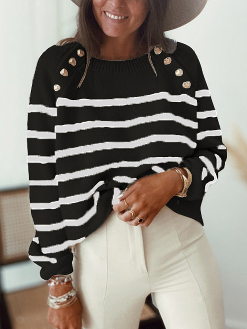 Casual knit sweater for women with modern stripes and decorative button details Lune London