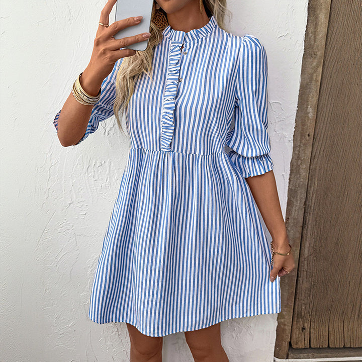 Chic Striped Ruffled Button Mini Dress for Women