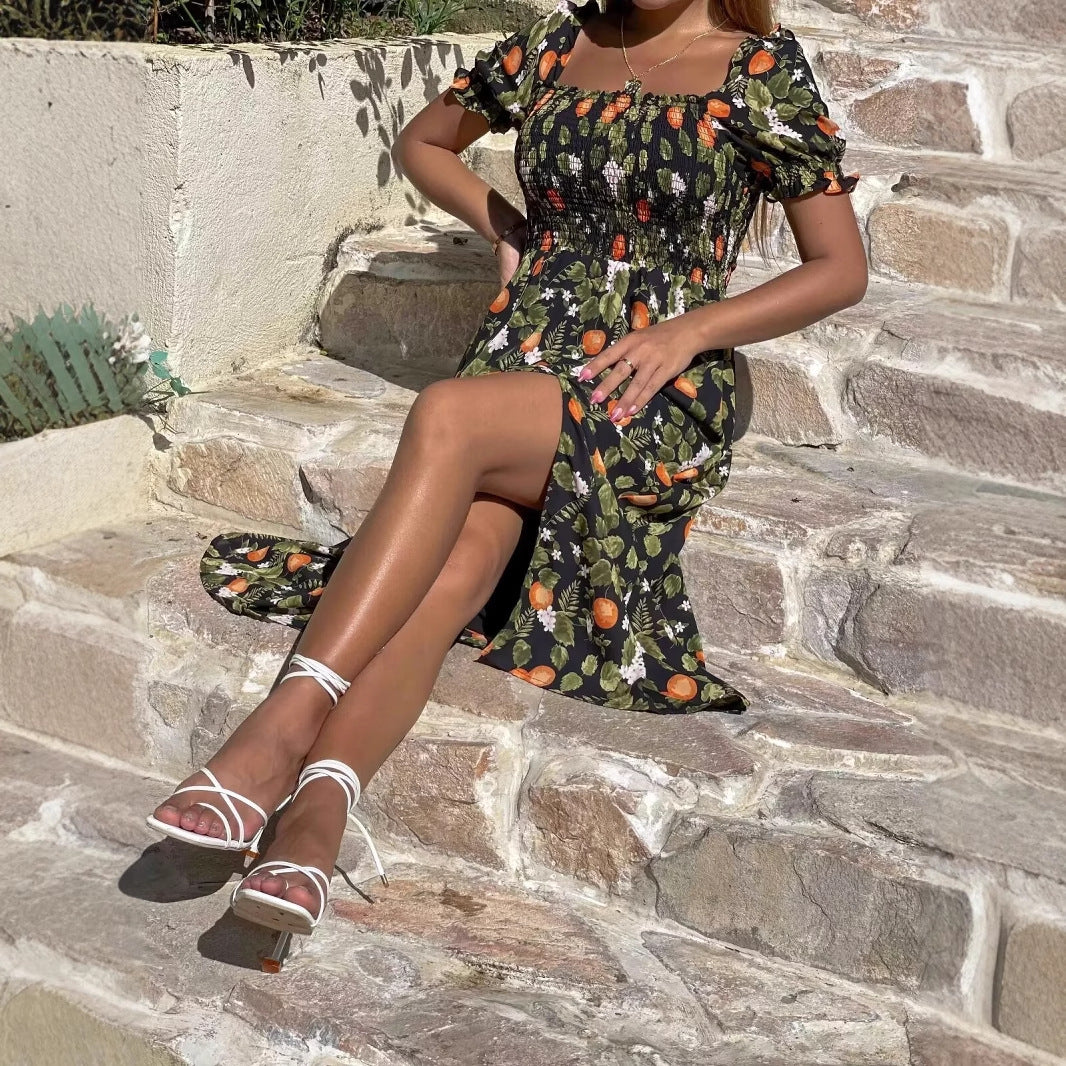 Maxi dress for women with floral embroidery and elastic insert Lune London