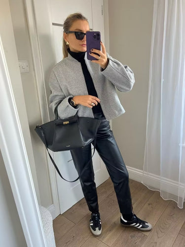 Casual transition jacket for women with high collar and asymmetrical cut Lune London