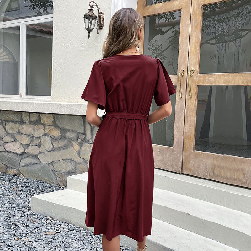 Lune London Women's Wrap Button Midi Dress with Belt Pouch