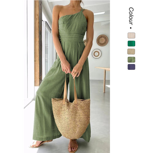 Women's jumpsuit in fashionable wrap design with wide leg and off-shoulder cut