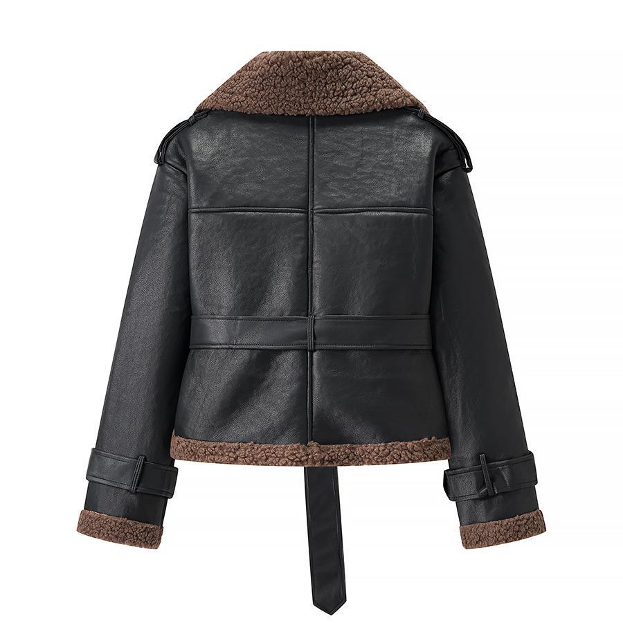 Faux leather jacket for women with teddy lining and adjustable belt Lune London