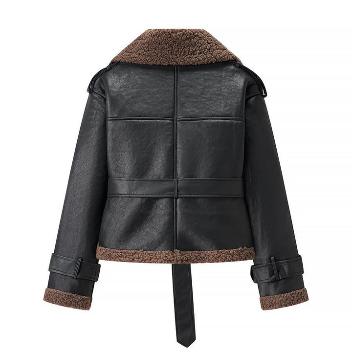 Faux leather jacket for women with teddy lining and adjustable belt Lune London