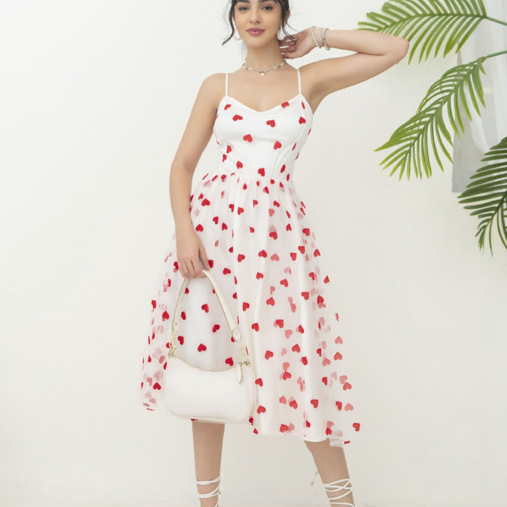 Women's romantic A-line dress with heart motif and adjustable straps Lune London