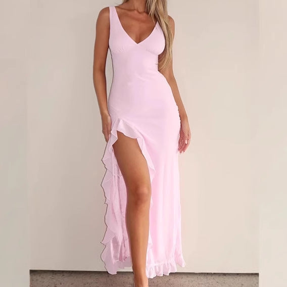 Elegant maxi dress for women with ruffled detail and side slit Lune London