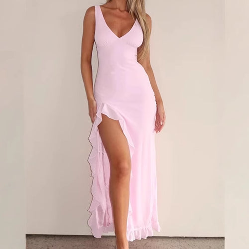 Elegant maxi dress for women with ruffled detail and side slit Lune London