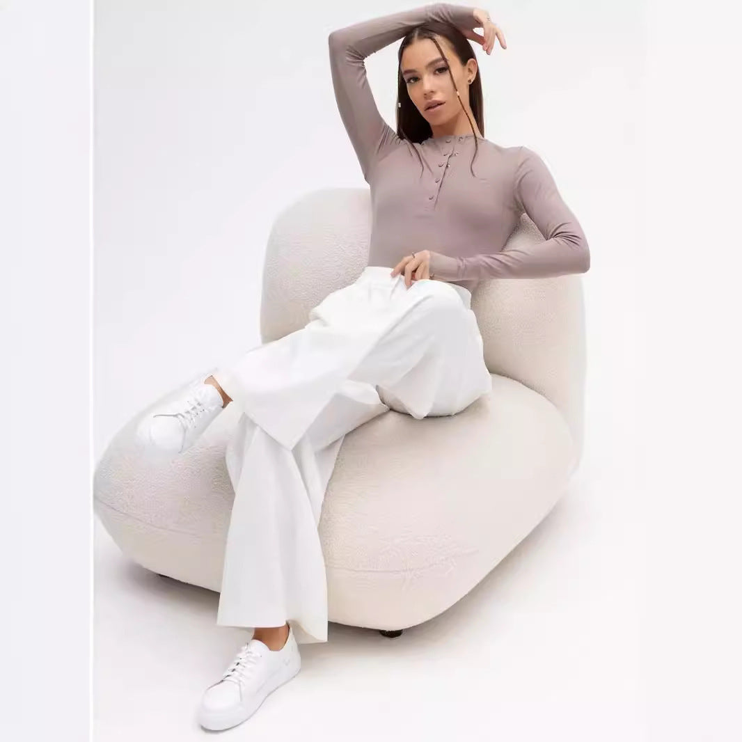 Women Long Sleeve Top with Button Placket and Fitted Cut Lune London
