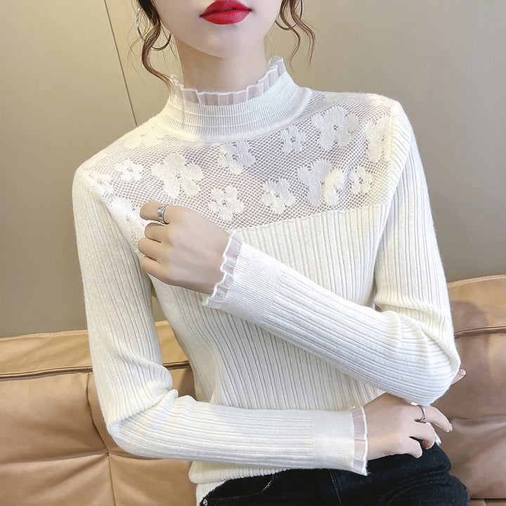 Women's sweater with floral lace insert and ribbed structure Lune London