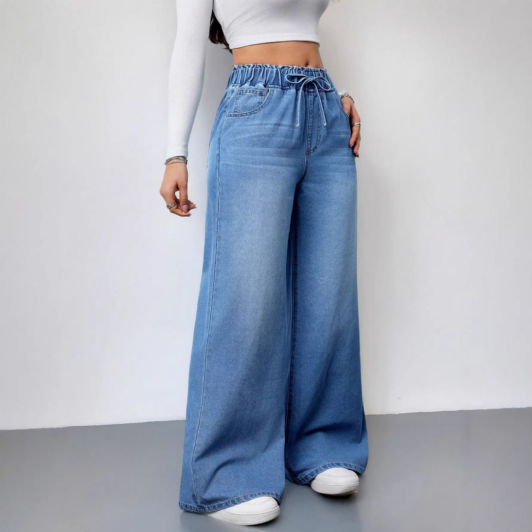 Women's Wide Cut Denim Pants with Elastic Waistband and Practical Pockets