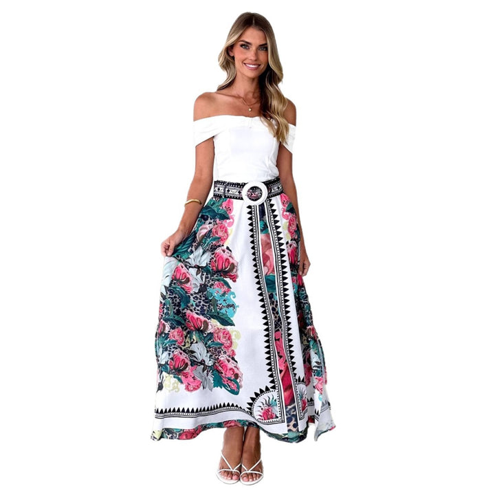 Maxi skirt for women with floral pattern and belt at the waist Lune London