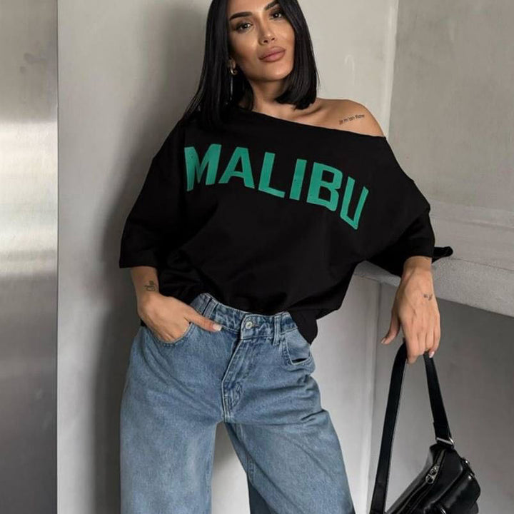 Oversized T-shirt for ladies with asymmetric neckline and contrasting print Lune London
