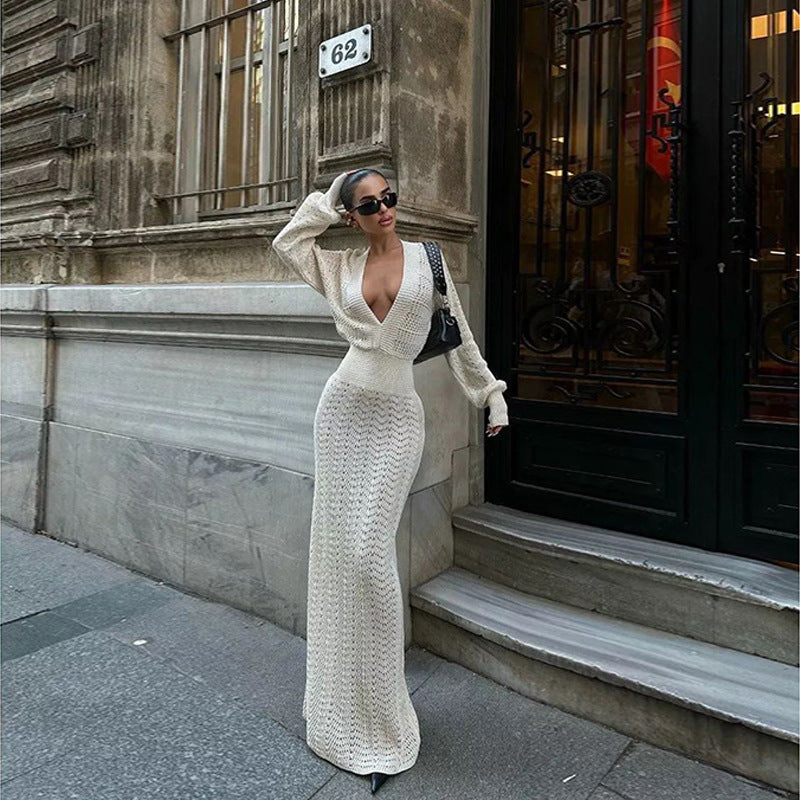Elegant crochet maxi dress for women with deep V-neck and ribbed design Lune London