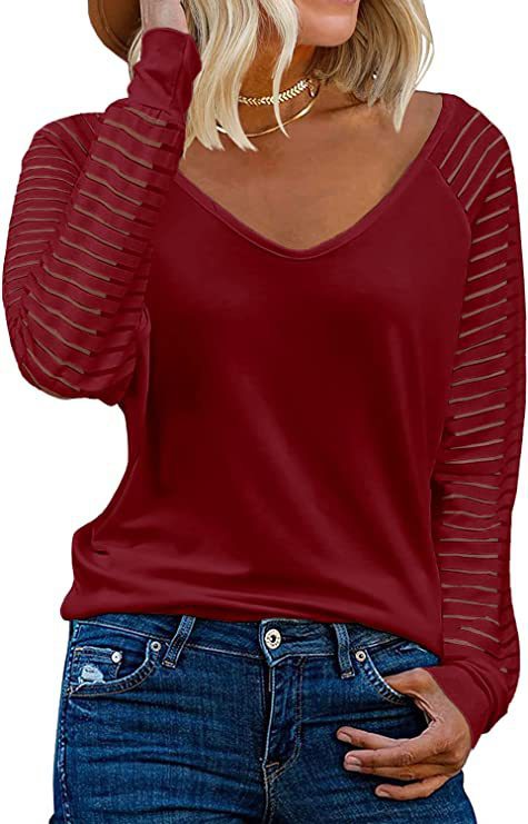 Woman V-neck top with transparent striped sleeves Lune London
