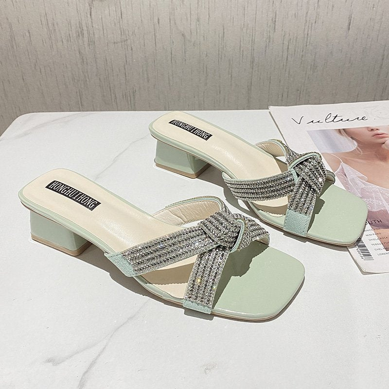 Elegant ladies' sandals with rhinestone embellishments and comfortable block heel Lune London