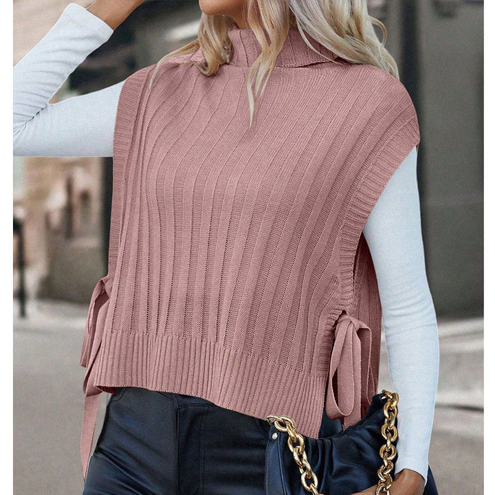 T-shirt en maille à manches courtes pour femmes avec col roulé et détails en nœud Chic & Stil