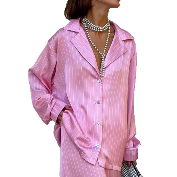 Women's pajama set made of satin cotton with elegant stripes and a loose fit