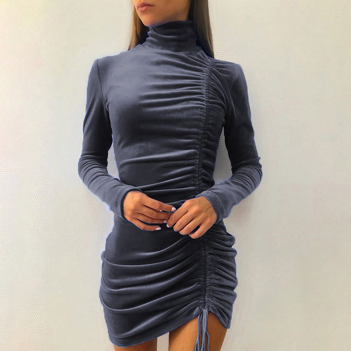 Elegant velvet mini dress for women with high collar and refined gathered effect Lune London