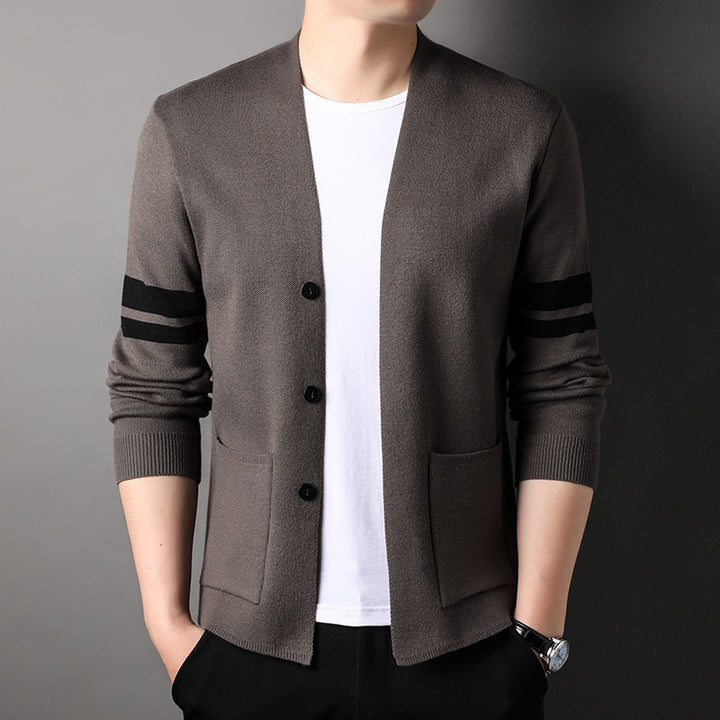 Trendy knit jacket for men with stylish contrasting stripes and practical pockets Lune London
