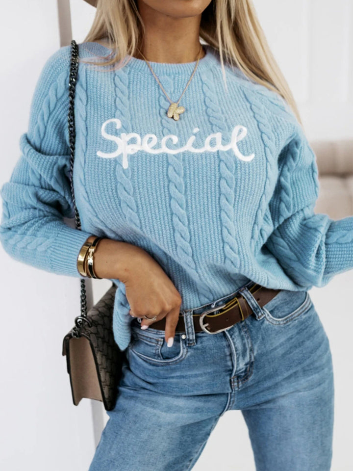 Sweater for women with twisted pattern and embroidered inscription Lune London