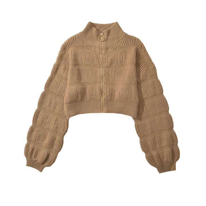 Cropped knitted jacket for ladies with decorative zipper and voluminous sleeves Lune London