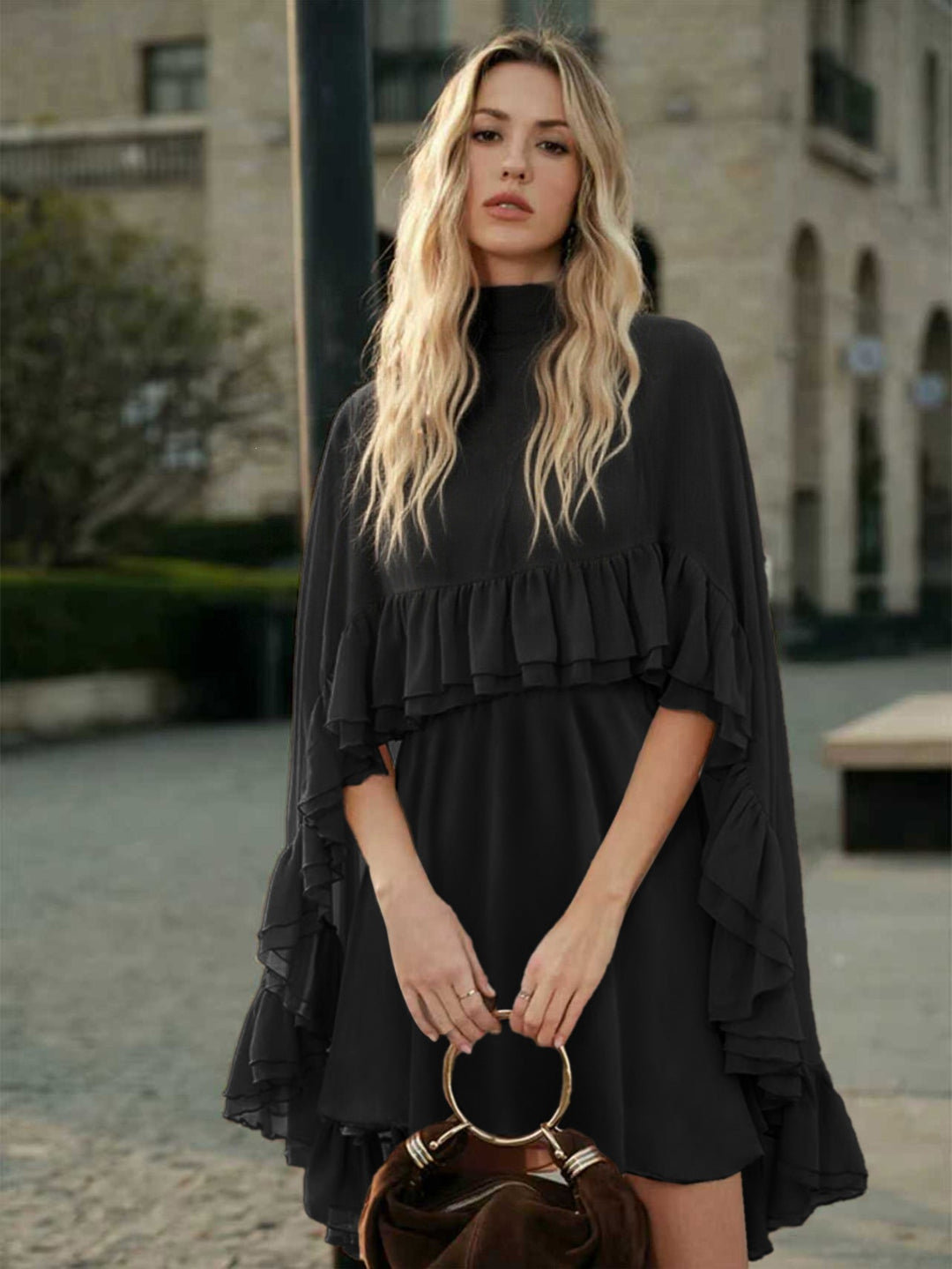 Women Elegant Ruffle Dress with High Neckline and Flowing Cut Lune London