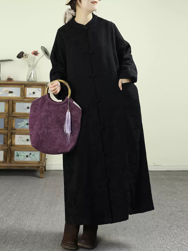 Lune London | Size Black Oriental Jacquard Spandex Coats with Buttons