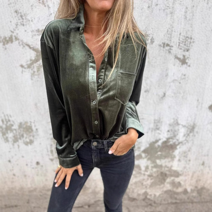 Women Elegant velvet blouse with classic shirt collar and long sleeves Lune London