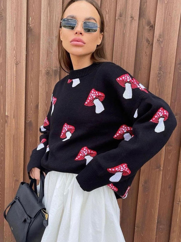 Knitted sweater for ladies with playful mushroom pattern Lune London