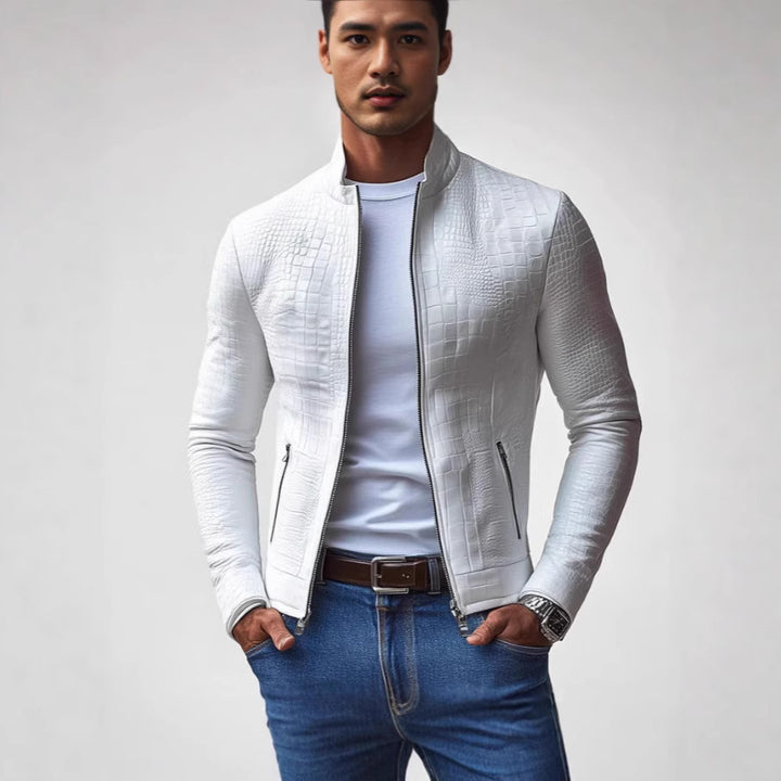 Trendy faux leather jacket for men with textured surface pattern Lune London