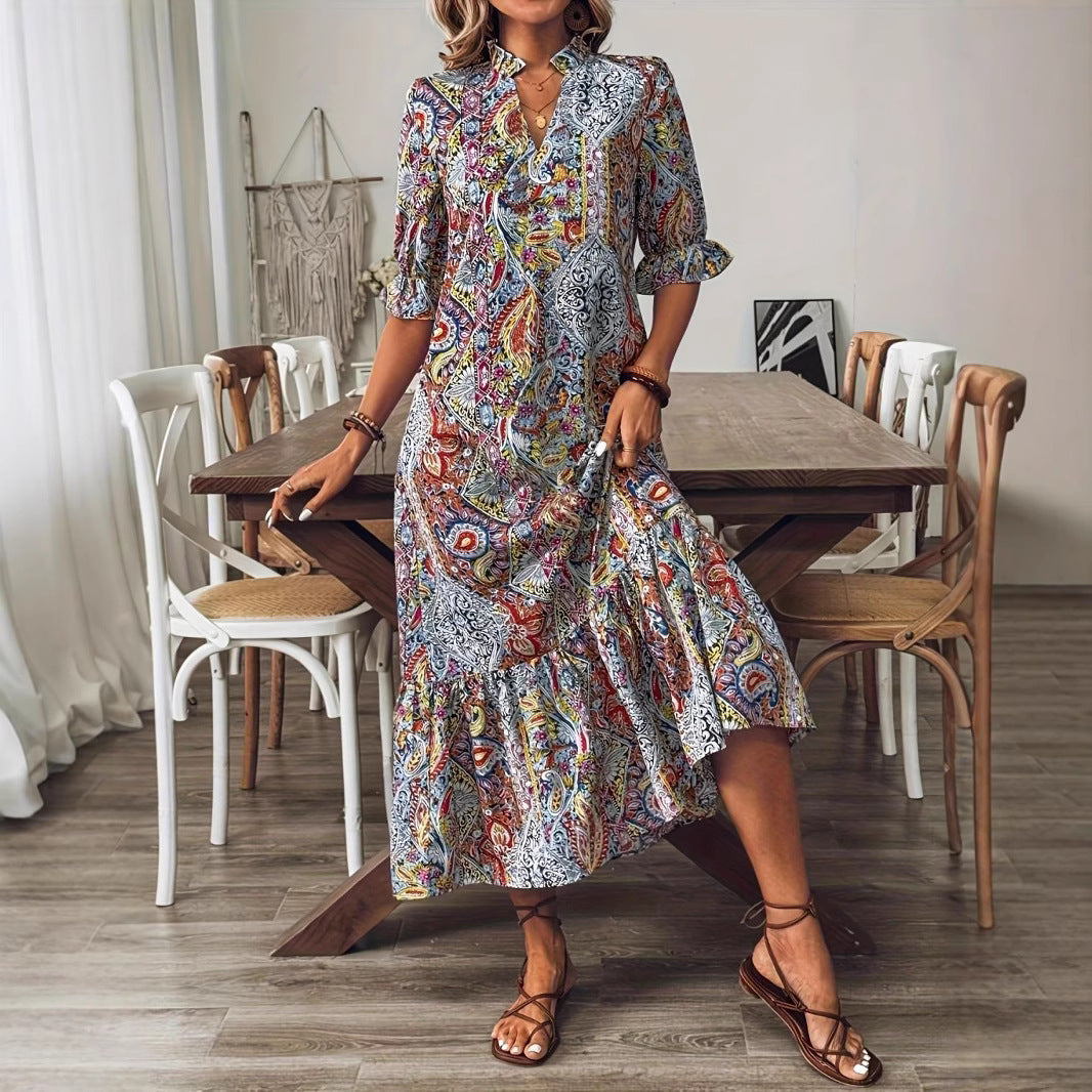 Women's maxi dress with colorful Paisley pattern and fashionable ruffle Lune London