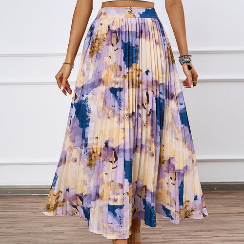 Pleated midi skirt for ladies with a colorful watercolor design Lune London
