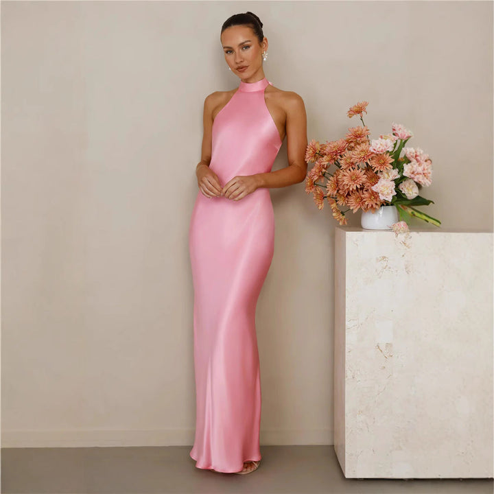 Ladies Elegant Maxi Dress with High Neck Design and Shimmering Satin Finish Lune London