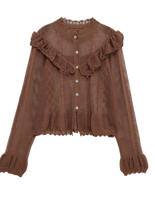Ladies fine cardigan with ruffle details and button placket Lune London