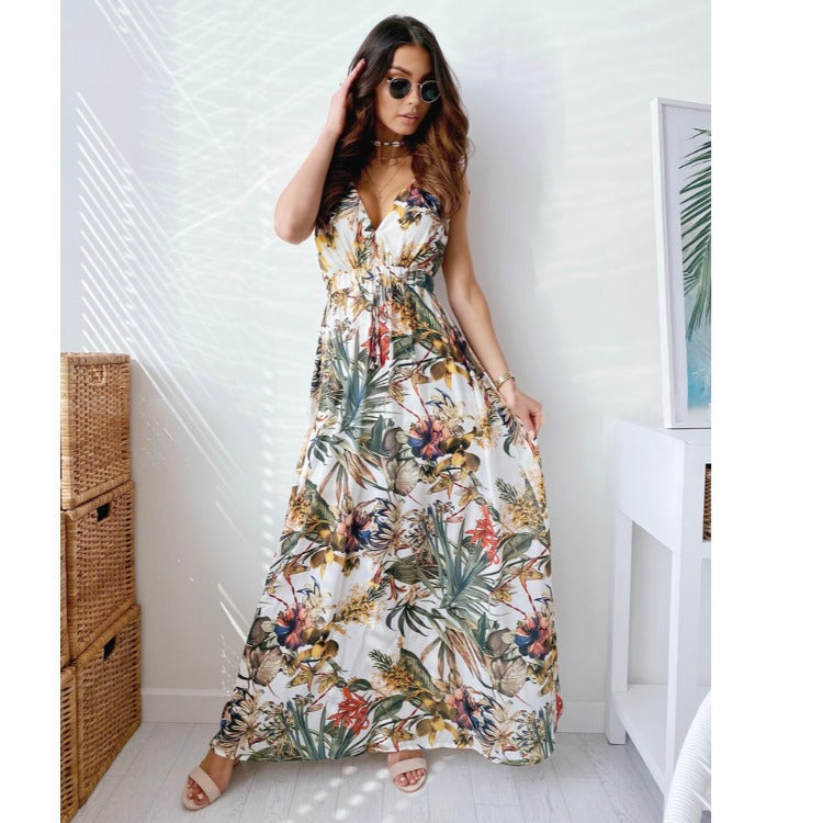 Maxi dress with tropical print for women with adjustable belt Lune London