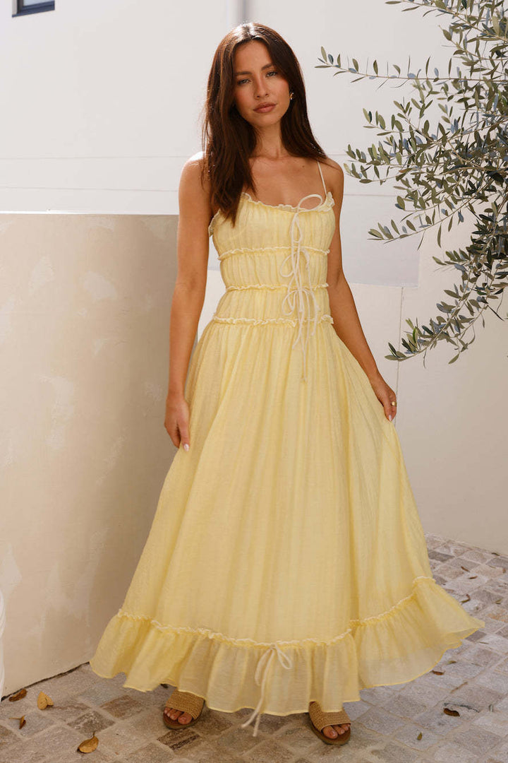 Chic & Stil Women’s Flowing Maxi Dress with Ruffle Details and Adjustable Ties