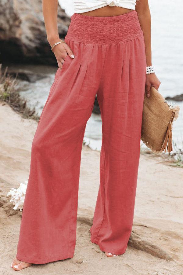 Lune London | Women's Wide Linen Pants with Elastic Waistband and Side Pleats