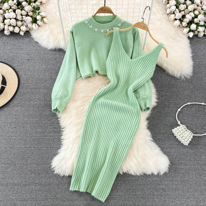Knitted dress for women with modern V-neck and casual short sweater Lune London