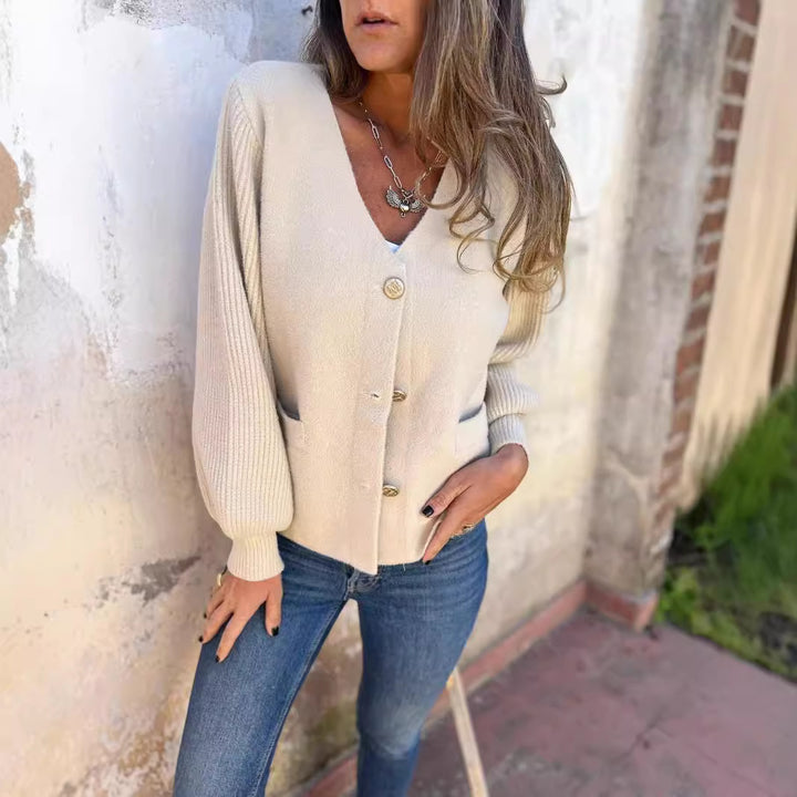 Ladies trendy knitted jacket with button details and pockets Lune London