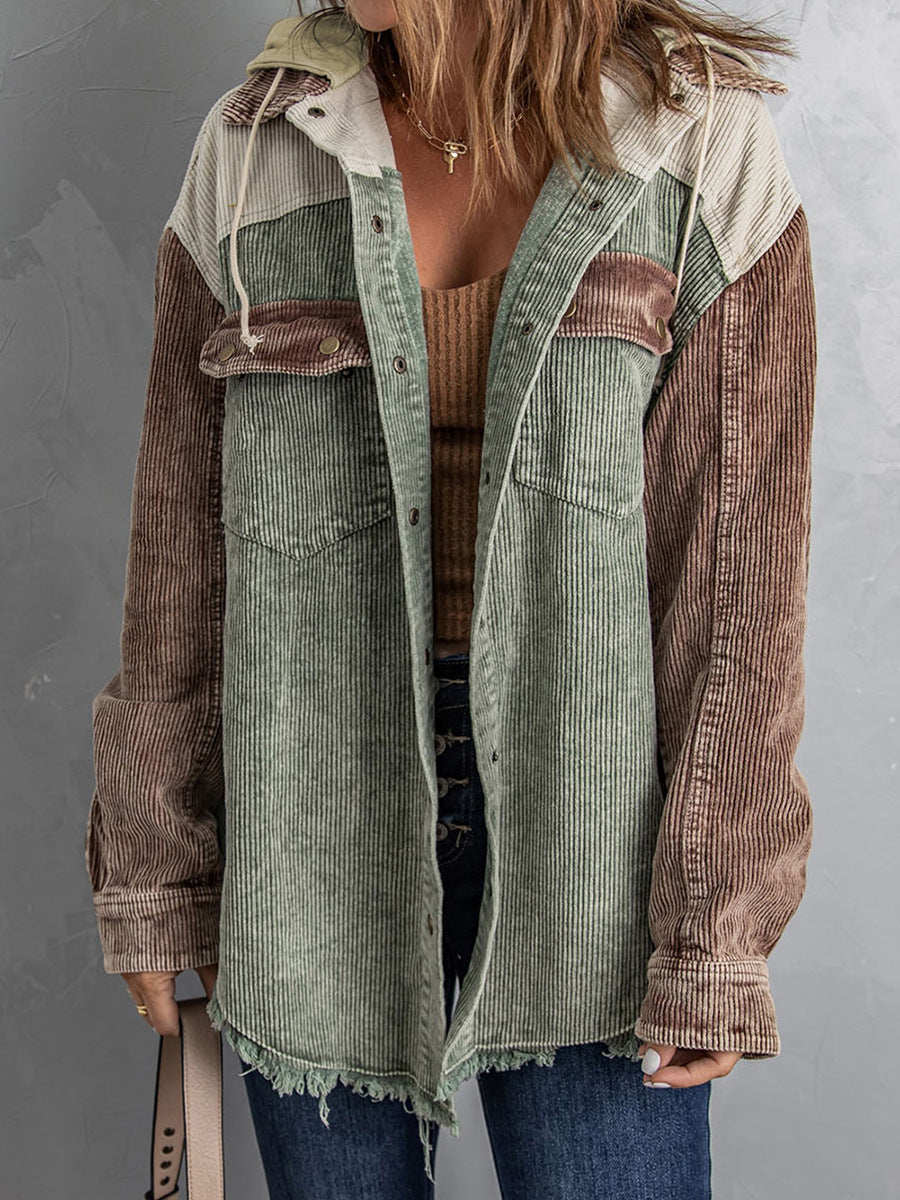 Lune London | Jacket with hood - Oversized fit - Cord texture - Button closure - Fringe edge