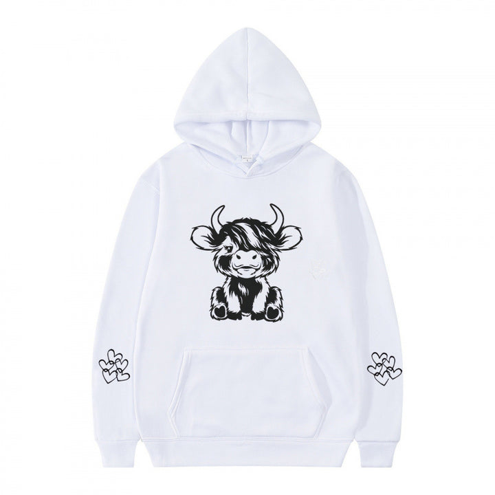 Women's hooded sweatshirt with charming cow motif and practical kangaroo pockets Lune London