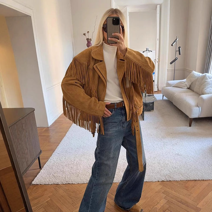 Suede jacket for women with fringe details and an adjustable belt Lune London
