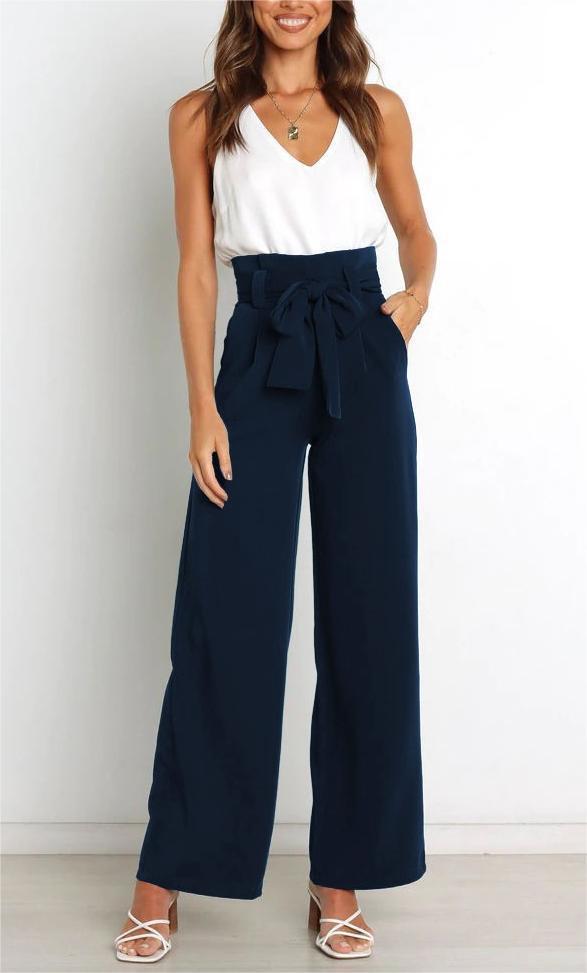 Women Wide Leg Pants with Decorative Tying Belt Lune London