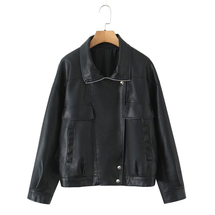 Veste en cuir synthétique à la mode pour femmes avec poches à rabat pratiques Lune London