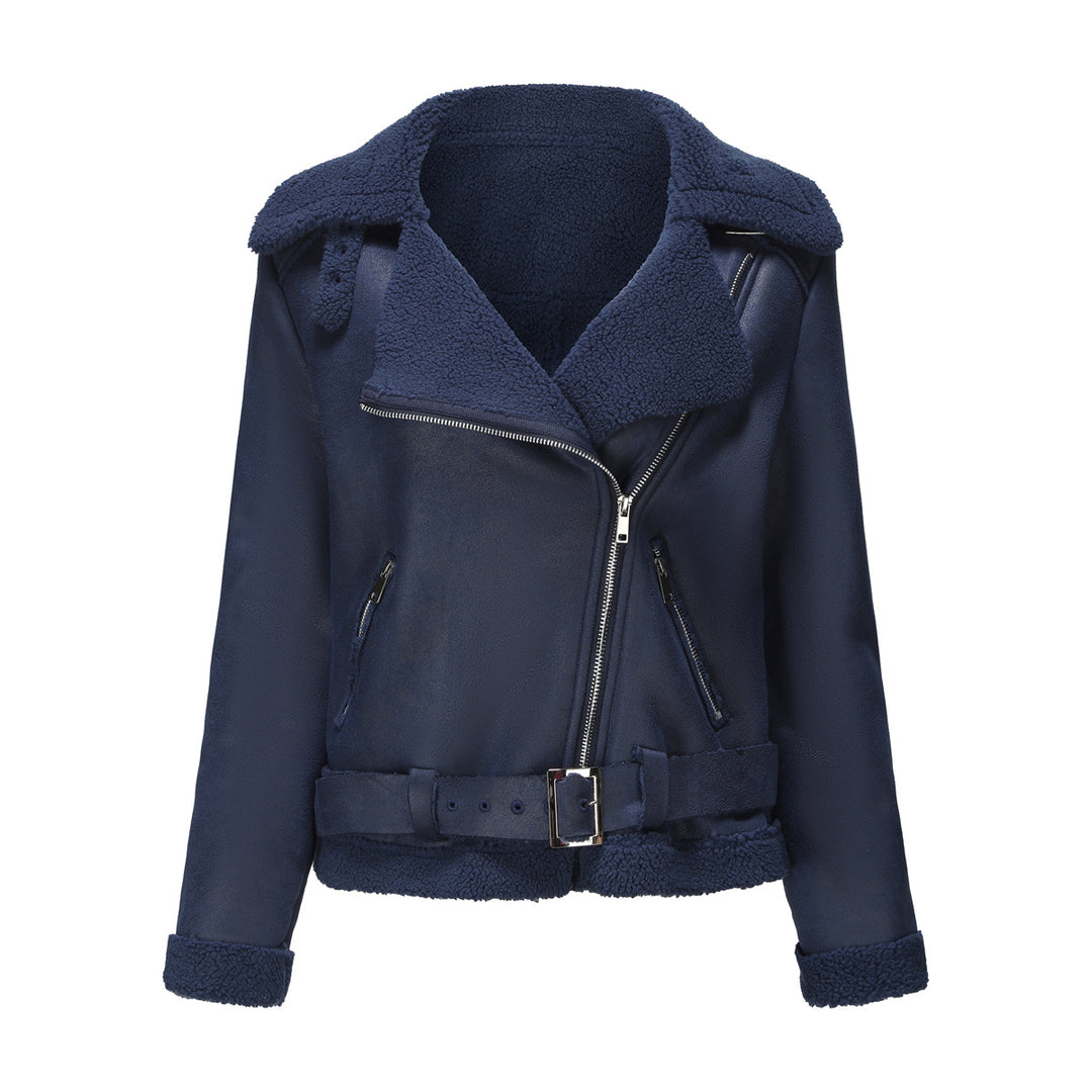 Sheepskin jacket for women with asymmetric zipper and belted waist Lune London