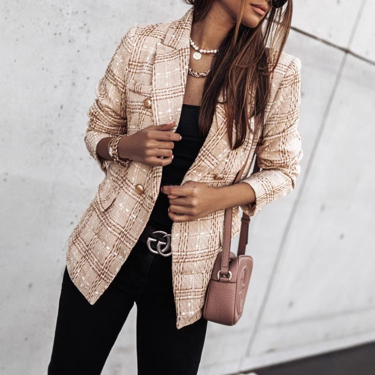 Tweed patterned jacket for women with double-breasted buttons and textured fabric Lune London