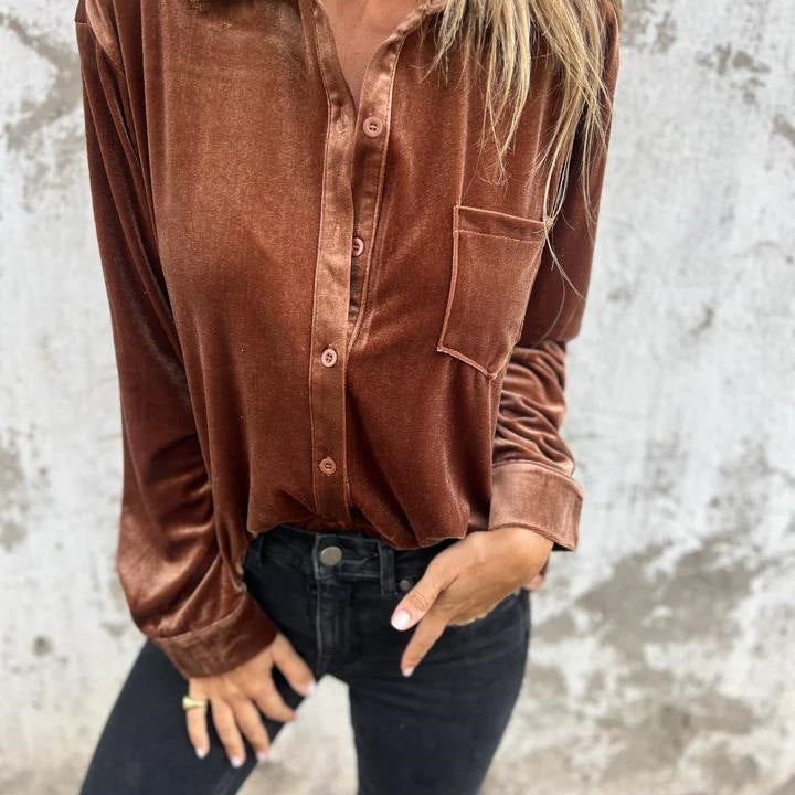Elegant satin blouse for women with classic collar and chest pocket Lune London