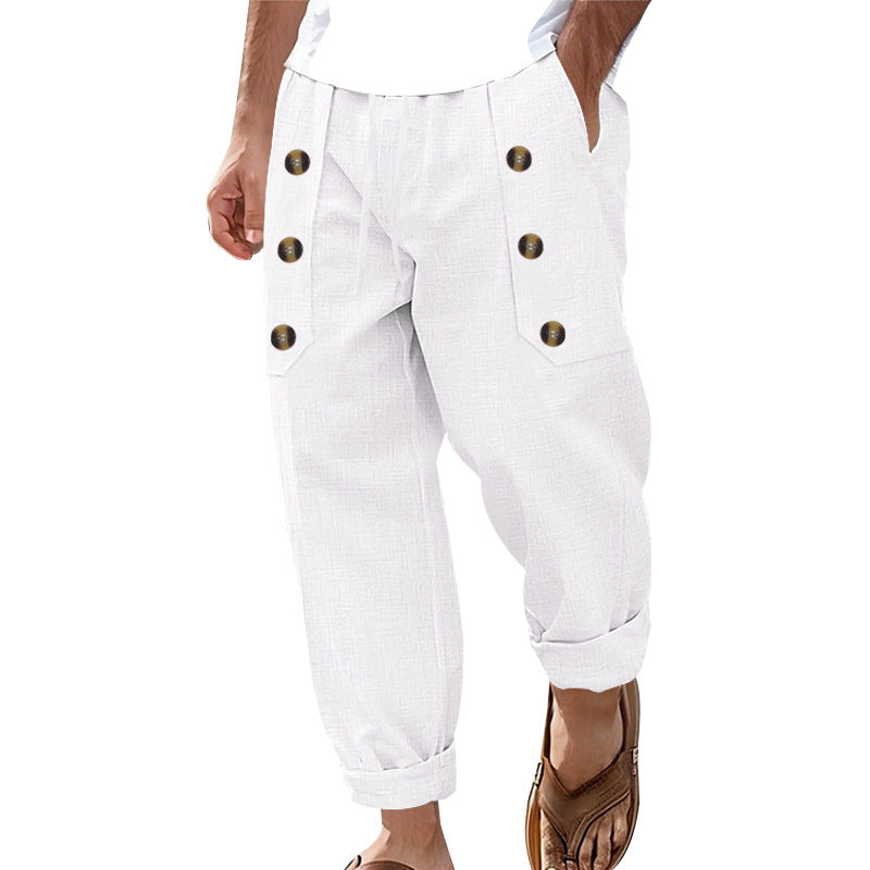 Casual linen cargo pants for men with practical buttons and side pockets Lune London